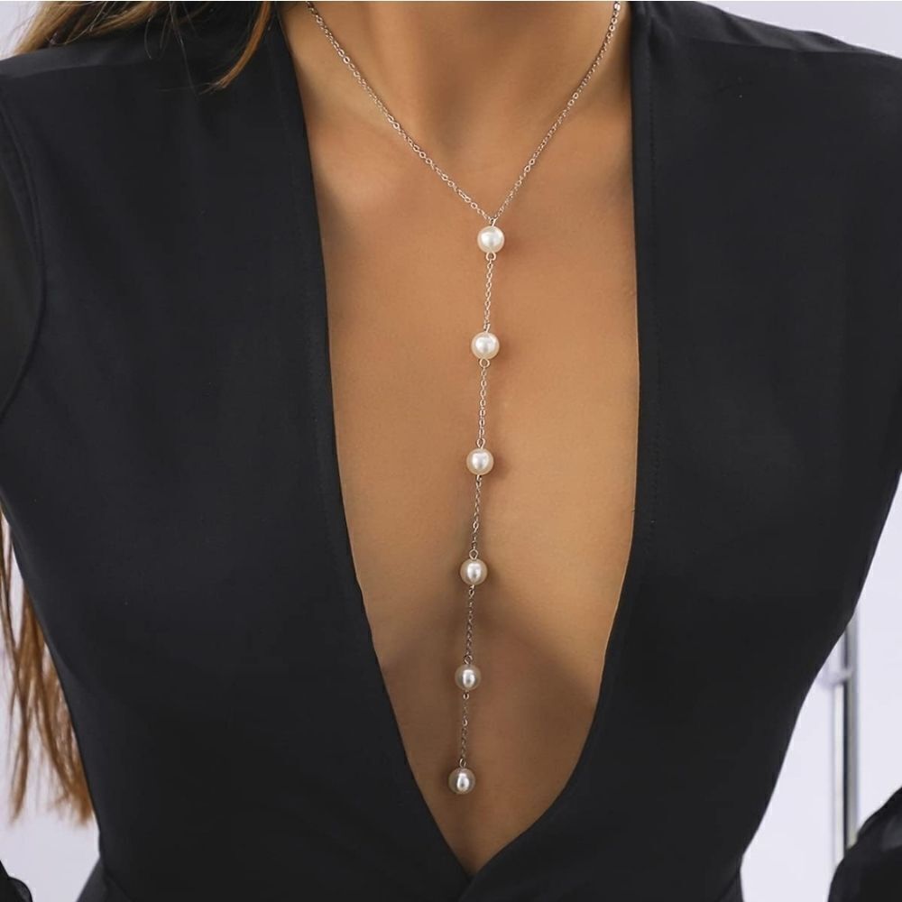 Pearl Y Shaped Necklace Long Pendant Dainty Pearl Drop Silvery or Golden Chain